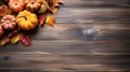 Autumn frame. Colorful maple leaves and pumpkins on wooden background. Flat lay, top view, copy space. Autumn fall, harvest, Royalty Free Stock Photo