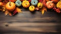 Autumn frame. Colorful maple leaves and pumpkins on wooden background. Flat lay, top view, copy space. Autumn fall, harvest, Royalty Free Stock Photo