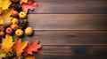 Autumn frame. Colorful maple leaves and pumpkins on wooden background. Flat lay, top view, copy space. Autumn fall, harvest, Royalty Free Stock Photo