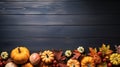 Autumn frame. Colorful maple leaves and pumpkins on wooden background. Flat lay, top view, copy space. Autumn fall, harvest, Royalty Free Stock Photo