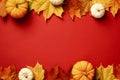 Autumn frame. Flat lay yellow maple leaves with pumpkins on red background Royalty Free Stock Photo