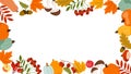 Autumn frame floral red yellow leaves and acorns Fall horizontal banner with cute hand drawn colourful pumpkins apples