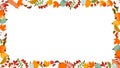 Autumn frame floral red yellow leaves and acorns Fall horizontal banner with cute hand drawn colourful pumpkins apples