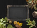 Autumn frame with leaves around chalkboard for mockup, with text space, 3d Illustration