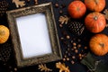 Autumn frame made of pumpkins, tree leaves, hazelnuts on black background. Autumn, fall, thanksgiving concept. Flat lay, copy