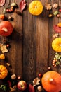 Autumn frame with pumpkins, acorns, berries, oak leaves on wooden background