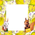 Autumn frame - school character animals, yellow leaves. Watercolor