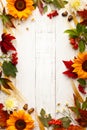 Autumn frame with wheat ears, sunflowers, leaves and berries on white wooden table. Flat lay, copy space. Concept of fall harvest Royalty Free Stock Photo