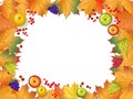 Autumn frame. On wooden background. Maple leaves, apples, berries, hazelnuts and grapes. Royalty Free Stock Photo