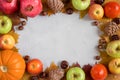 Autumn frame with yellow maple leaves, apples and pumpkin. Fall harvest on concrete gray background flat lay with copy space Royalty Free Stock Photo