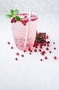 Autumn fresh fruit drink with red lingonberry, ice and straws in sunbeam on white wooden table, copy space, vertical.