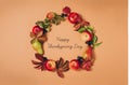 Autumn fruits apples pears grapes fallen leaves lined frame pastel background, with phrase Happy Thanksgiving Day Royalty Free Stock Photo