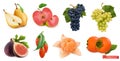 Autumn fruits and berries. Pear, pink apple, white sweet grape and wine grape, fig, goji berry, persimmon fruit. 