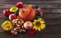 Autumn fruits and vegetables background. Harvest of ripe apples, grapes, plums, nuts and pumpkins on a dark wooden background.