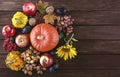 Autumn fruits and vegetables background. Harvest of ripe apples, grapes, plums, nuts and pumpkins on a dark wooden background.