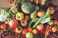 autumn fruits and vegetables - top view - rustic composition