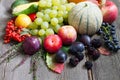 Autumn fruits and vegetables on wooden boards retro still life Royalty Free Stock Photo