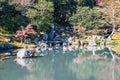 An autumn garden at the Tenryu-Ji Temple in Kyoto Japan with the colors of fall reflecting in the calm water Royalty Free Stock Photo