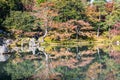 An autumn garden at the Tenryu-Ji Temple in Kyoto Japan with the colors of fall reflecting in the calm water Royalty Free Stock Photo