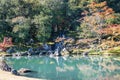 An autumn garden at the Tenryu-Ji Temple in Kyoto Japan with the colors of fall reflecting in the calm water Royalty Free Stock Photo