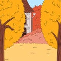 Autumn garden vector flat illustration. Trees, bushes, house. Fall relaxing outdoor in country house.