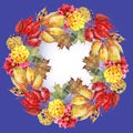 Autumn garland on a blue background, watercolor,pattern