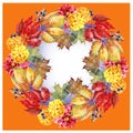 Autumn garland on a orange background, watercolor,pattern