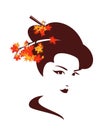 Autumn geisha with maple branches vector portrait