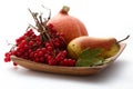 Autumn gifts. Still life with pumpkin, viburnum and pear