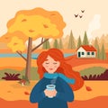Autumn girl with coffee cup, landscape rural view with yellow tree, cute house, fields and nature. Vector illustration Royalty Free Stock Photo