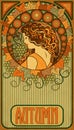 Autumn girl, floral banner in art nouveau style, vector