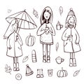 Autumn girls.  Sketch  illustration Royalty Free Stock Photo