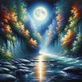 Autumn Glow: Moonlit Magic Along the River, Nature Painting
