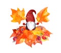 Autumn gnome on bunch of leaves with maple leaf in hands. Seasonal artistic design for season card. Cute fairy tale Royalty Free Stock Photo