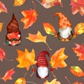 Autumn gnome family with leaves. Repeated seasonal pattern of scandinavian dwarf. Watercolor on dark background