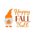 Autumn gnome holding pumpkin. Happy Fall quote lettering. Cute cartoon characters. Vector template for banner, poster