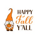 Autumn gnome holding pumpkin. Happy Fall quote lettering. Cute cartoon characters. Vector template for typography poster
