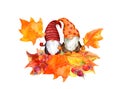 Autumn gnomes couple with maple yellow leaves. Design for artistic season card. Fairy tale scandinavian dwarf with leaf