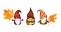 Autumn gnomes family with maple leaves. Set of scandinavian dwarves. Watercolor seasonal collection