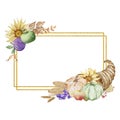 Autumn golden geometric frame made of watercolor cornucopia and pumpkins Royalty Free Stock Photo