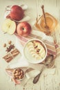Autumn granola with banana apples and almond