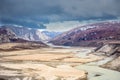 Autumn greenlandic wastelands landscape with lakes and mountains