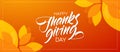 Autumn greeting banner with hand lettering composition of Happy Thanksgiving Day and fall leaves on orange background