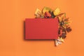 Autumn greeting card maroon paper orange foliage