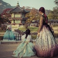 Autumn at Gyeongbokgung Palace in Seoul,Korea.Young girls in traditional dresses