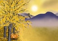 Autumn Halloween background with golden asp tree