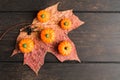 Autumn halloween decoration concept with dry maple leaf, fake pumpkins and small black spider Royalty Free Stock Photo