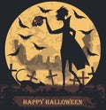 Autumn Halloween illustration with vampire, cat and flying bats Royalty Free Stock Photo