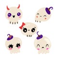 Autumn Halloween kawaii vector design with set of five skulls. Illustration for kids, celebration, web, print, etc.