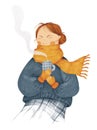 Autumn halloween mood. Illustration of girl in scarf, sweather, plaid skirt. Hot cup of tea. Flat cartoon hatch style